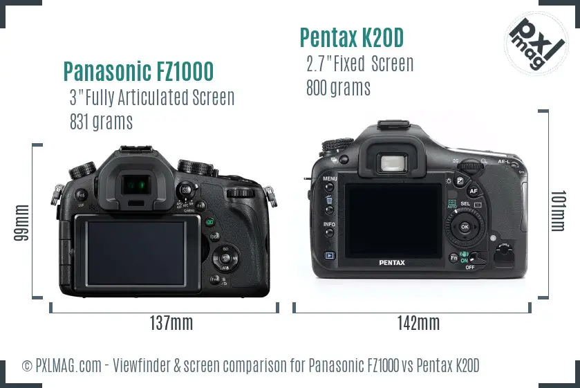 Panasonic FZ1000 vs Pentax K20D Screen and Viewfinder comparison