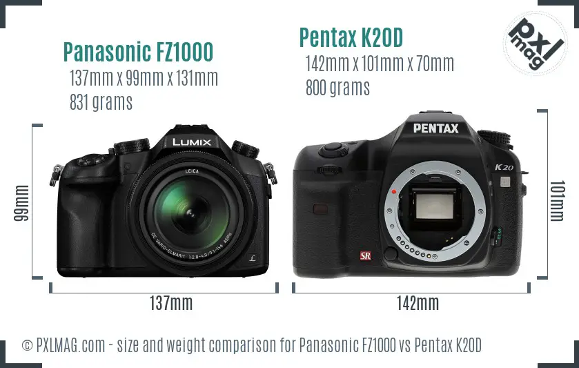 Panasonic FZ1000 vs Pentax K20D size comparison