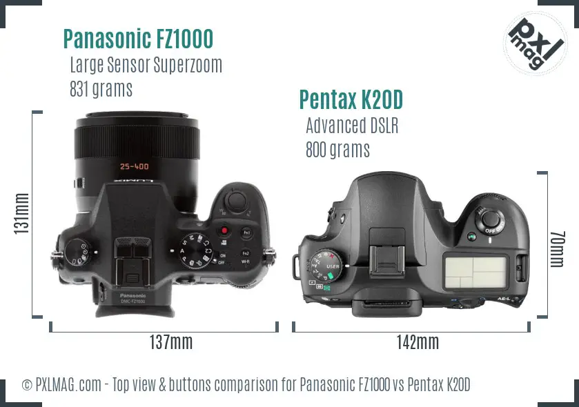 Panasonic FZ1000 vs Pentax K20D top view buttons comparison