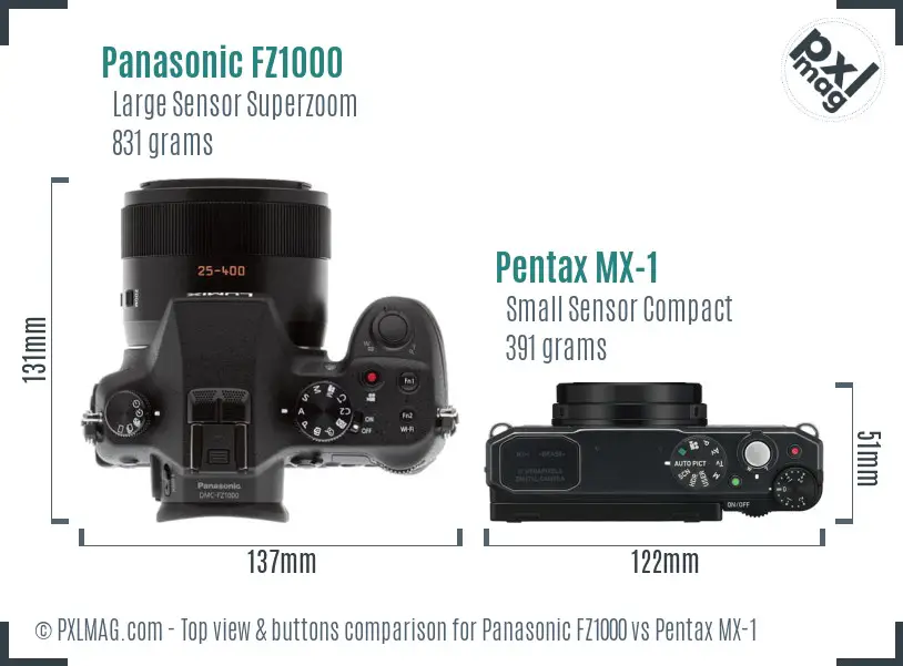 Panasonic FZ1000 vs Pentax MX-1 top view buttons comparison