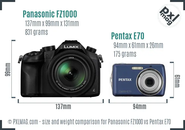 Panasonic FZ1000 vs Pentax E70 size comparison