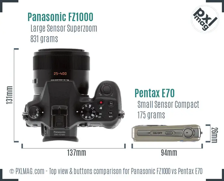 Panasonic FZ1000 vs Pentax E70 top view buttons comparison