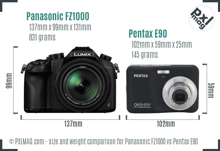 Panasonic FZ1000 vs Pentax E90 size comparison