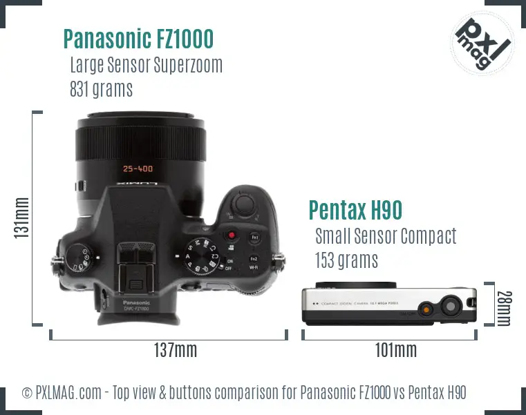Panasonic FZ1000 vs Pentax H90 top view buttons comparison