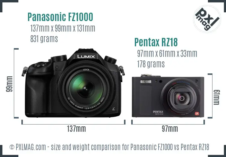 Panasonic FZ1000 vs Pentax RZ18 size comparison