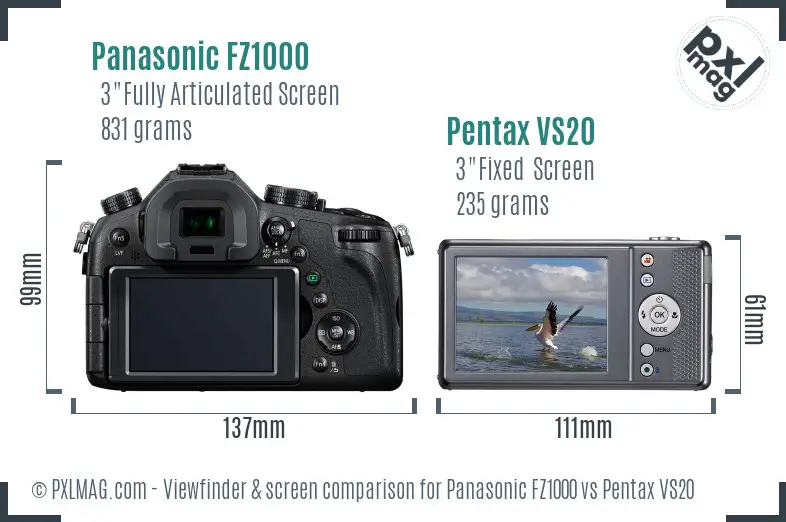 Panasonic FZ1000 vs Pentax VS20 Screen and Viewfinder comparison
