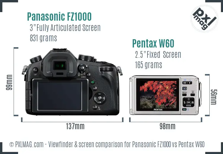 Panasonic FZ1000 vs Pentax W60 Screen and Viewfinder comparison