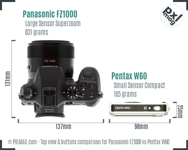 Panasonic FZ1000 vs Pentax W60 top view buttons comparison