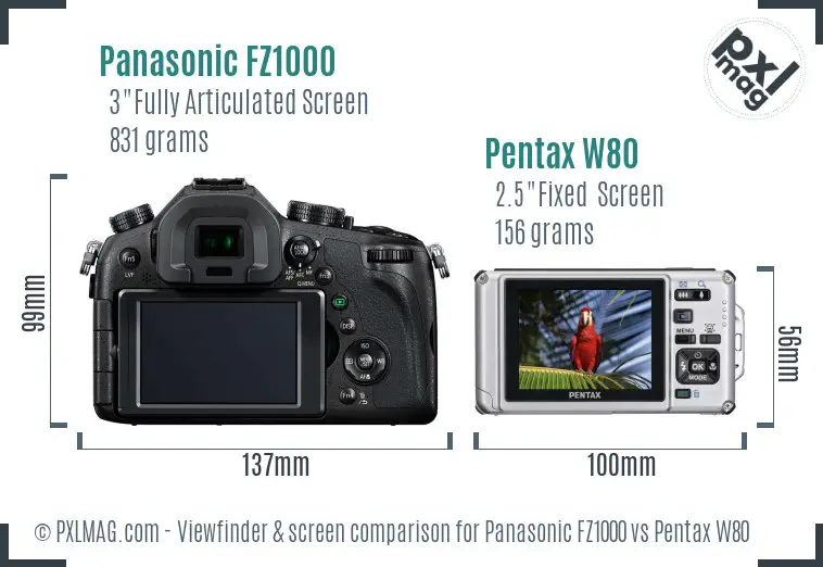 Panasonic FZ1000 vs Pentax W80 Screen and Viewfinder comparison
