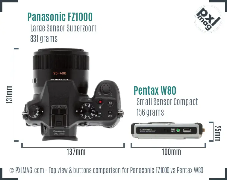 Panasonic FZ1000 vs Pentax W80 top view buttons comparison