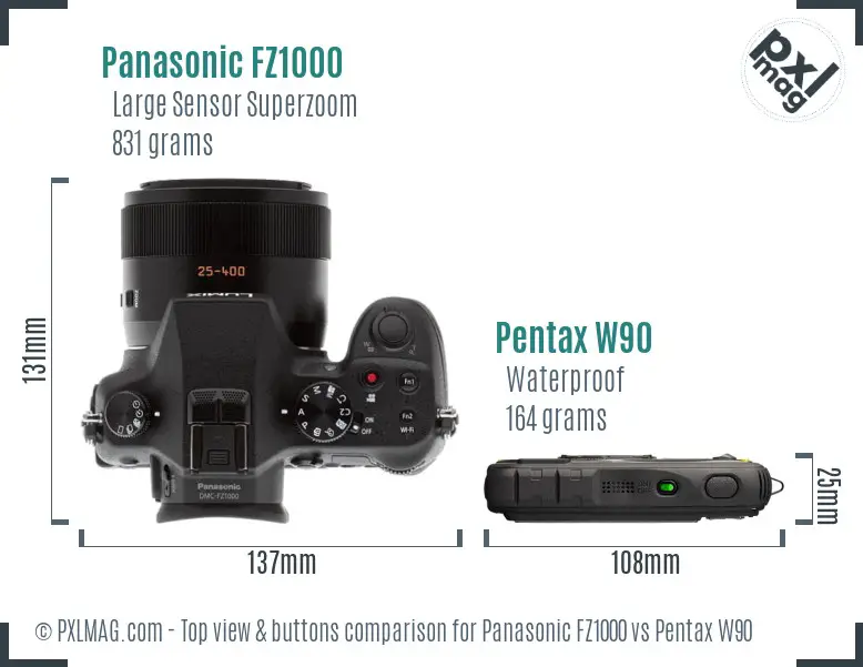 Panasonic FZ1000 vs Pentax W90 top view buttons comparison