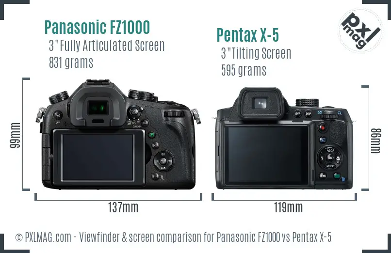 Panasonic FZ1000 vs Pentax X-5 Screen and Viewfinder comparison