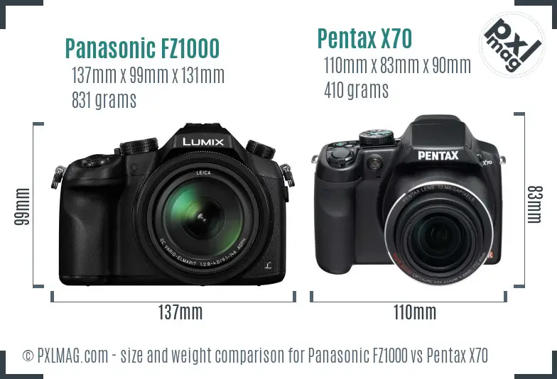 Panasonic FZ1000 vs Pentax X70 size comparison