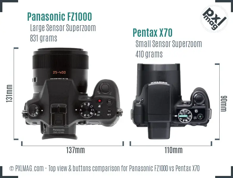 Panasonic FZ1000 vs Pentax X70 top view buttons comparison