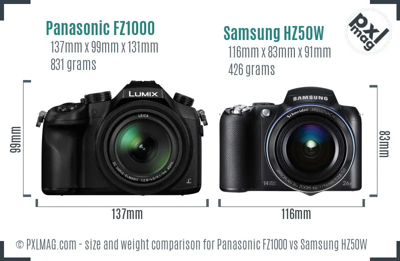 Panasonic FZ1000 vs Samsung HZ50W size comparison