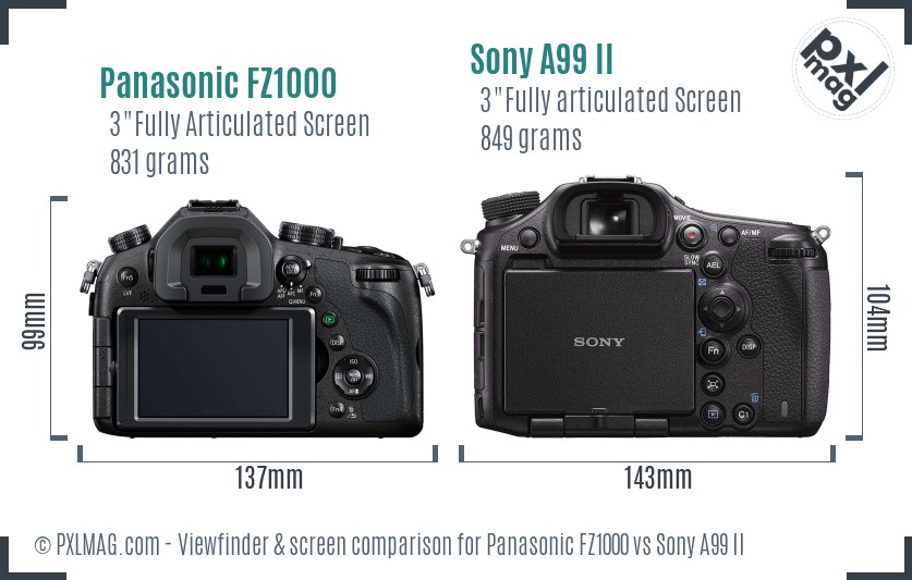 Panasonic FZ1000 vs Sony A99 II Screen and Viewfinder comparison
