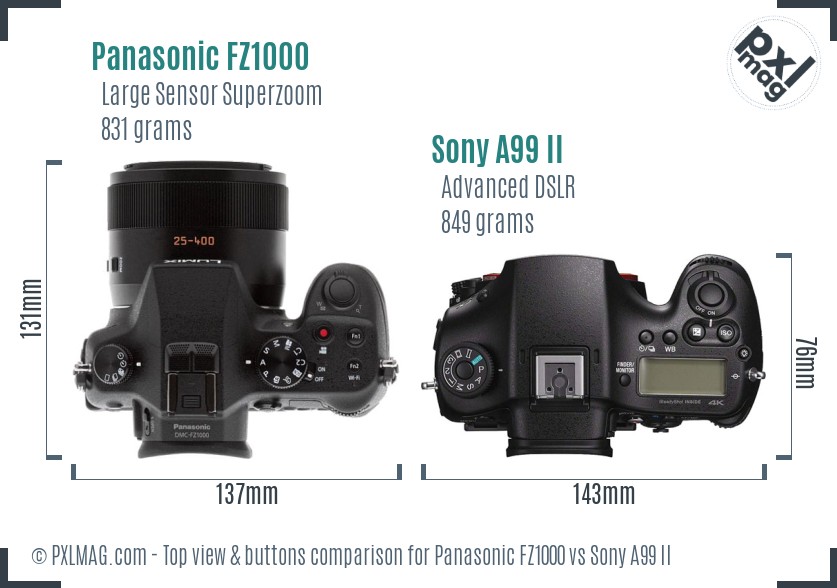 Panasonic FZ1000 vs Sony A99 II top view buttons comparison