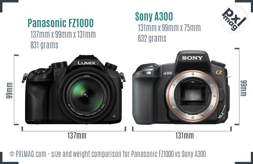 Panasonic FZ1000 vs Sony A300 size comparison