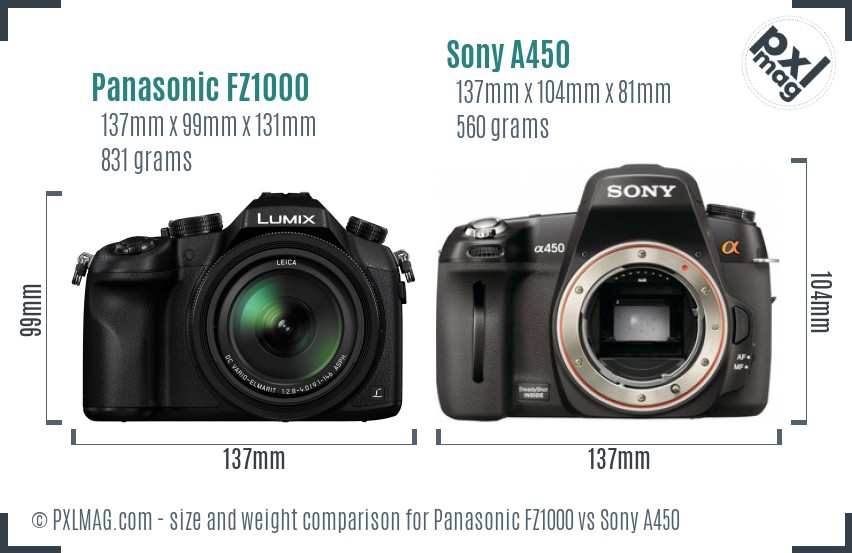 Panasonic FZ1000 vs Sony A450 size comparison