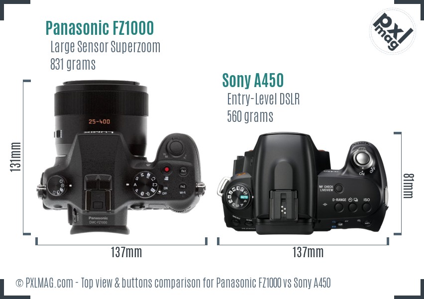 Panasonic FZ1000 vs Sony A450 top view buttons comparison