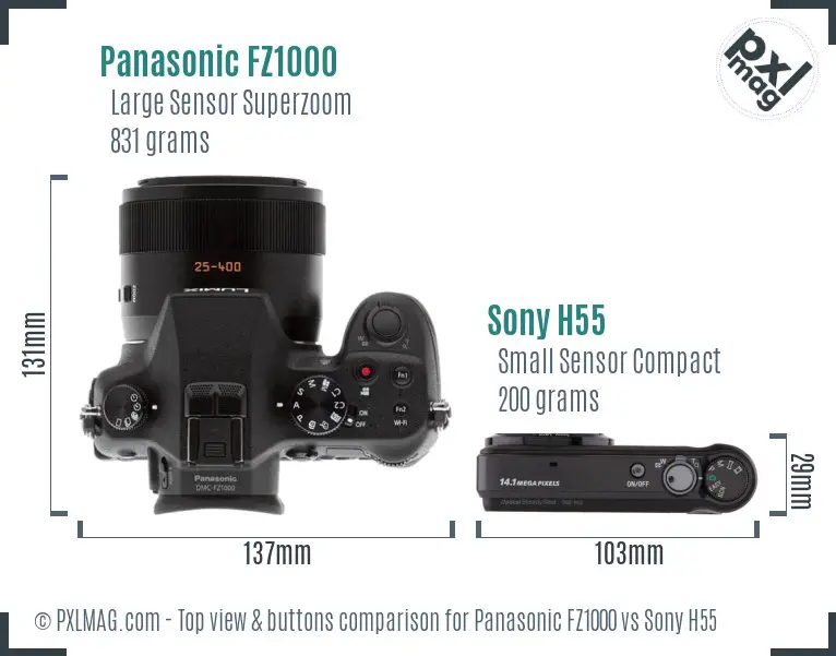 Panasonic FZ1000 vs Sony H55 top view buttons comparison Panasonic FZ1000 vs Sony H55 top view buttons comparison