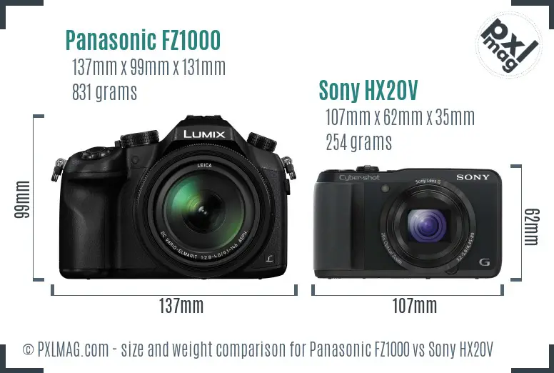 Panasonic FZ1000 vs Sony HX20V size comparison Panasonic FZ1000 vs Sony HX20V size comparison