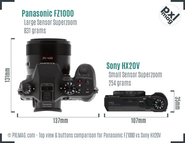 Panasonic FZ1000 vs Sony HX20V top view buttons comparison Panasonic FZ1000 vs Sony HX20V top view buttons comparison