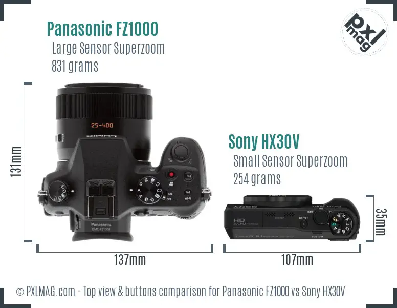 Panasonic FZ1000 vs Sony HX30V top view buttons comparison