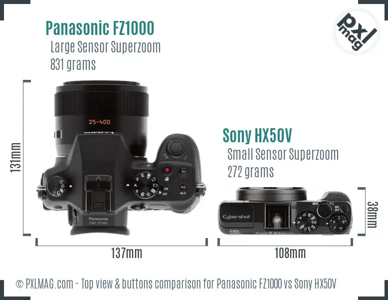 Panasonic FZ1000 vs Sony HX50V top view buttons comparison Panasonic FZ1000 vs Sony HX50V top view buttons comparison