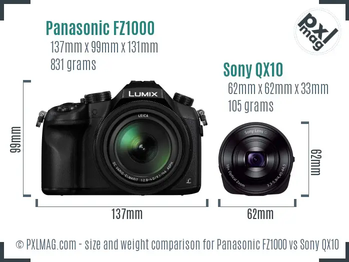 Panasonic FZ1000 vs Sony QX10 size comparison