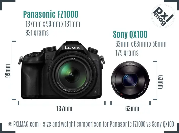 Panasonic FZ1000 vs Sony QX100 size comparison