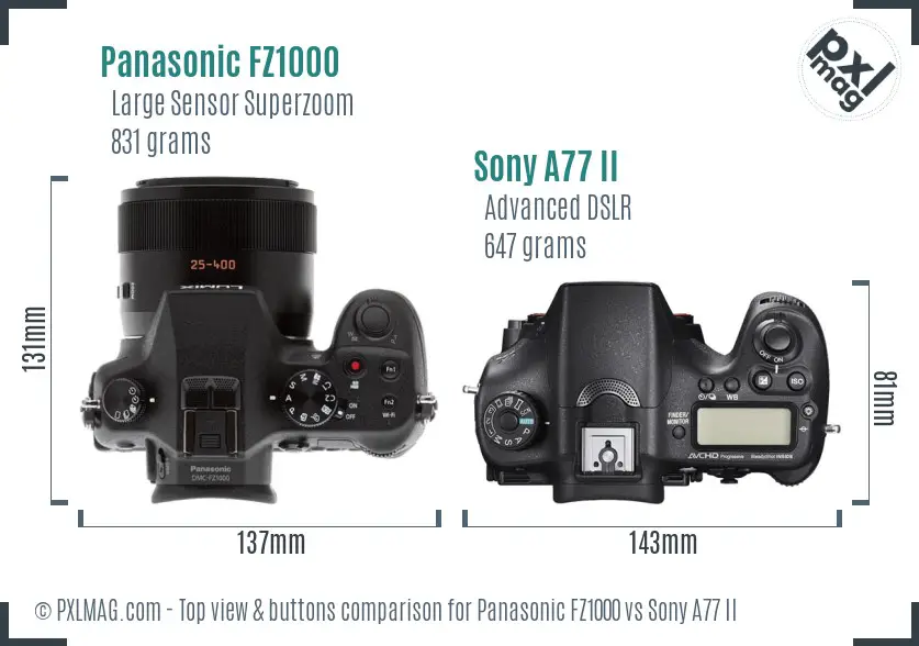 Panasonic FZ1000 vs Sony A77 II top view buttons comparison