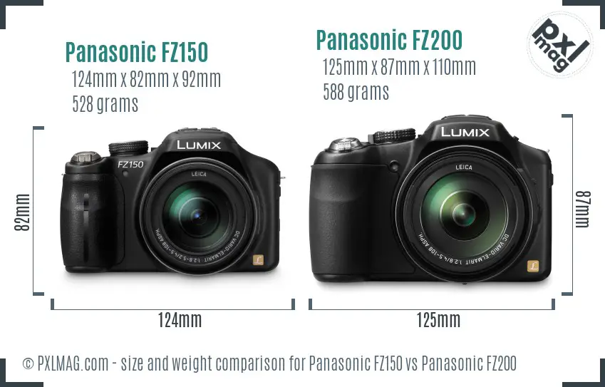 Panasonic FZ150 vs Panasonic FZ200 size comparison