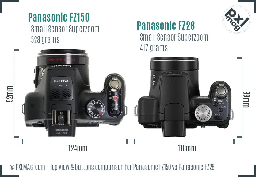 Panasonic FZ150 vs Panasonic FZ28 top view buttons comparison