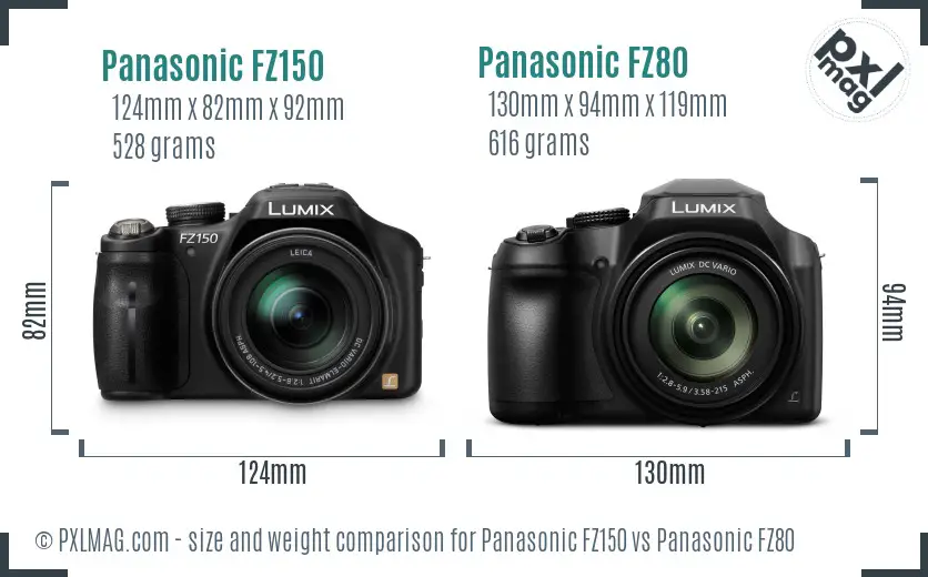 Panasonic FZ150 vs Panasonic FZ80 size comparison