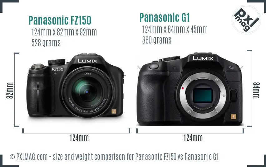 Panasonic FZ150 vs Panasonic G1 size comparison