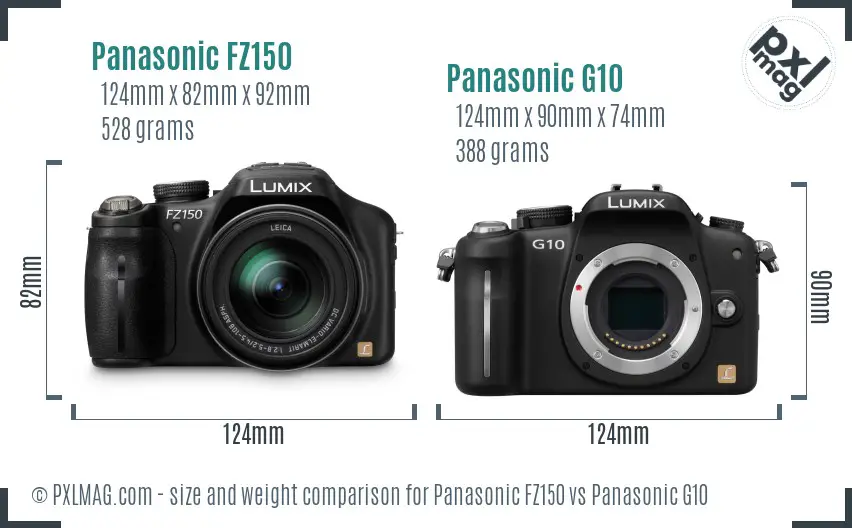Panasonic FZ150 vs Panasonic G10 size comparison