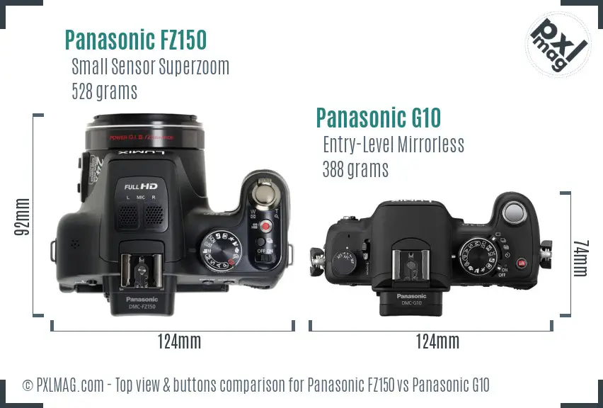 Panasonic FZ150 vs Panasonic G10 top view buttons comparison