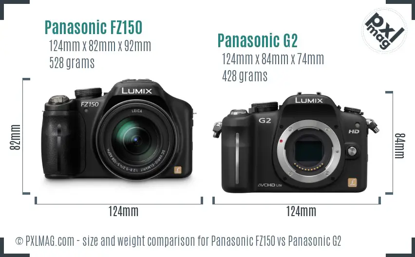 Panasonic FZ150 vs Panasonic G2 size comparison