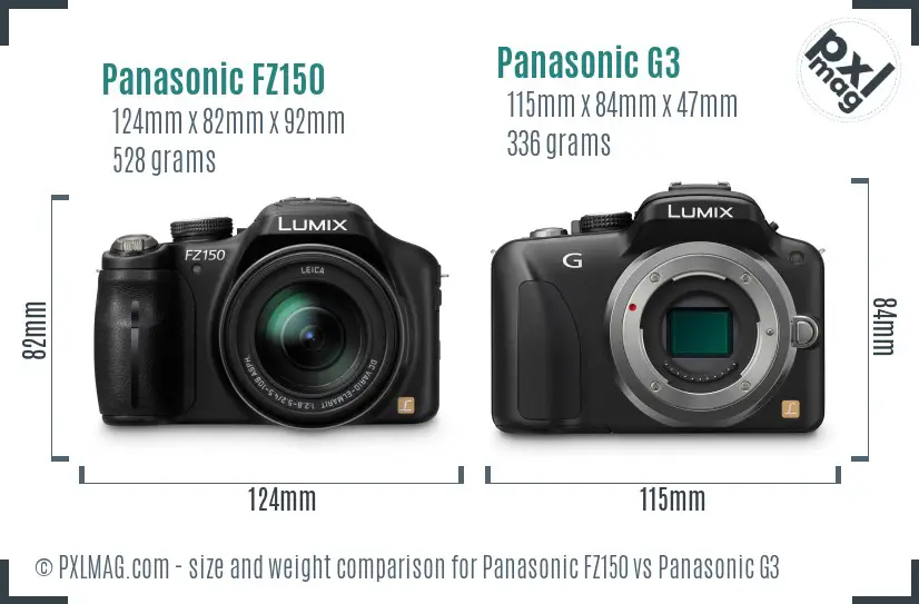 Panasonic FZ150 vs Panasonic G3 size comparison