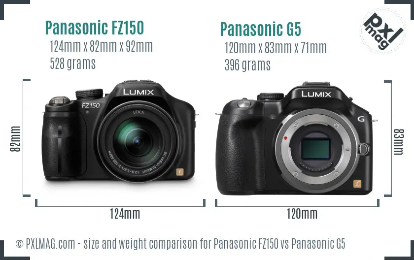 Panasonic FZ150 vs Panasonic G5 size comparison