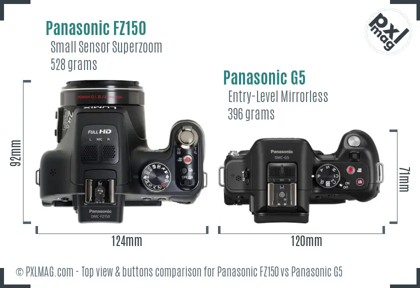 Panasonic FZ150 vs Panasonic G5 top view buttons comparison