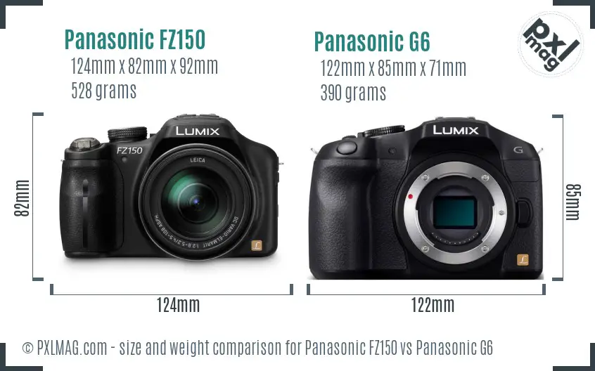 Panasonic FZ150 vs Panasonic G6 size comparison