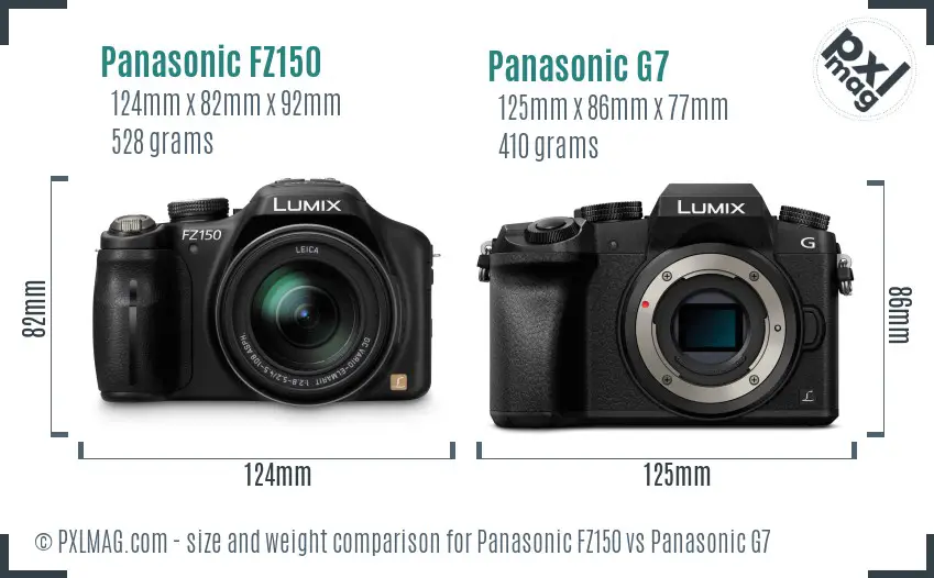 Panasonic FZ150 vs Panasonic G7 size comparison