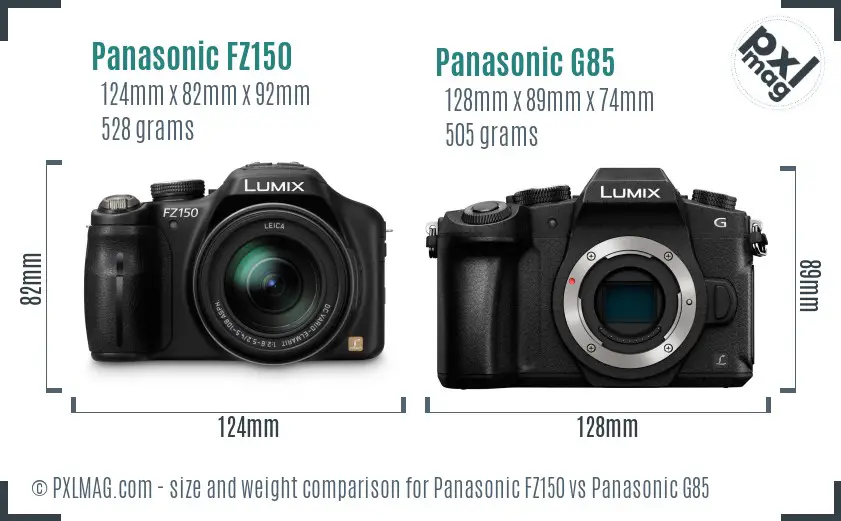 Panasonic FZ150 vs Panasonic G85 size comparison