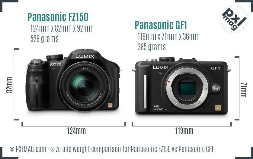 Panasonic FZ150 vs Panasonic GF1 size comparison