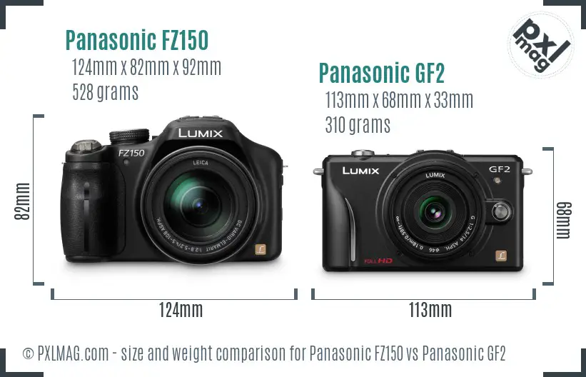 Panasonic FZ150 vs Panasonic GF2 size comparison