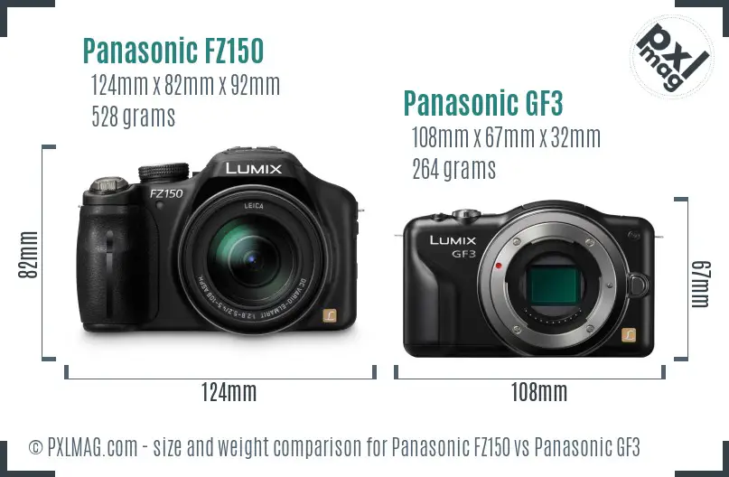 Panasonic FZ150 vs Panasonic GF3 size comparison