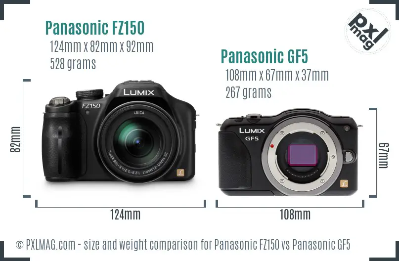Panasonic FZ150 vs Panasonic GF5 size comparison