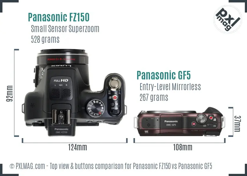 Panasonic FZ150 vs Panasonic GF5 top view buttons comparison